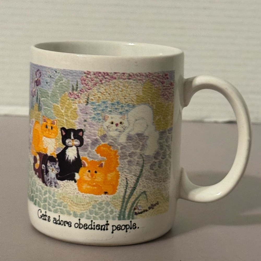 Vintage Cat-Themed White Ceramic Mug